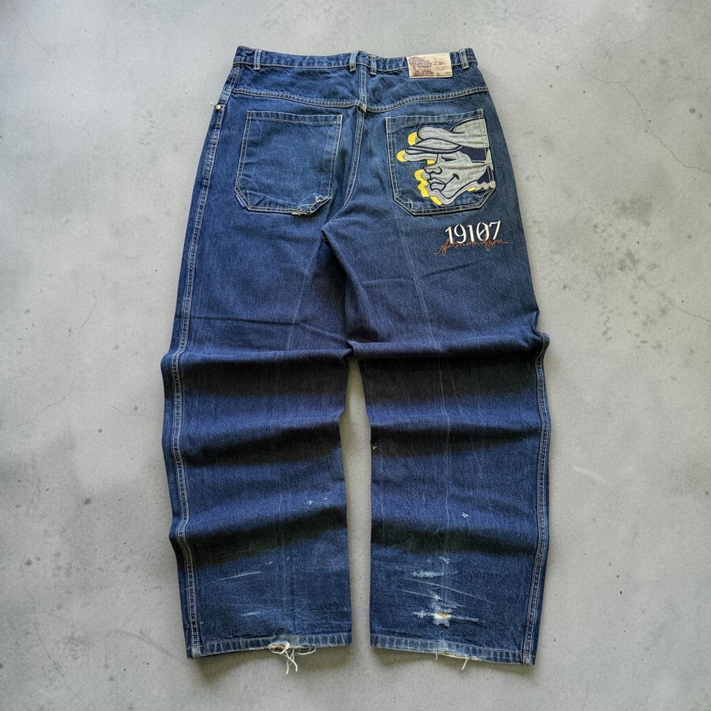 Vintage Platinum FUBU Baggy Jeans 36x33 Dark Wash Embroidered Y2K Hip Hop 19107